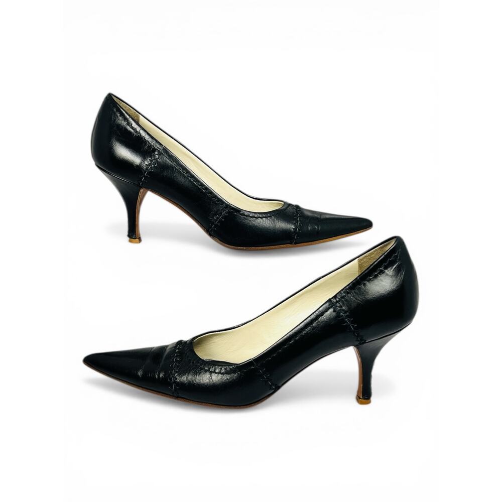 Prada Black Leather Pointed Toe Kitten Heel Pumps EU 35.5 Contrast Stitching Y2K - Picture 5 of 6